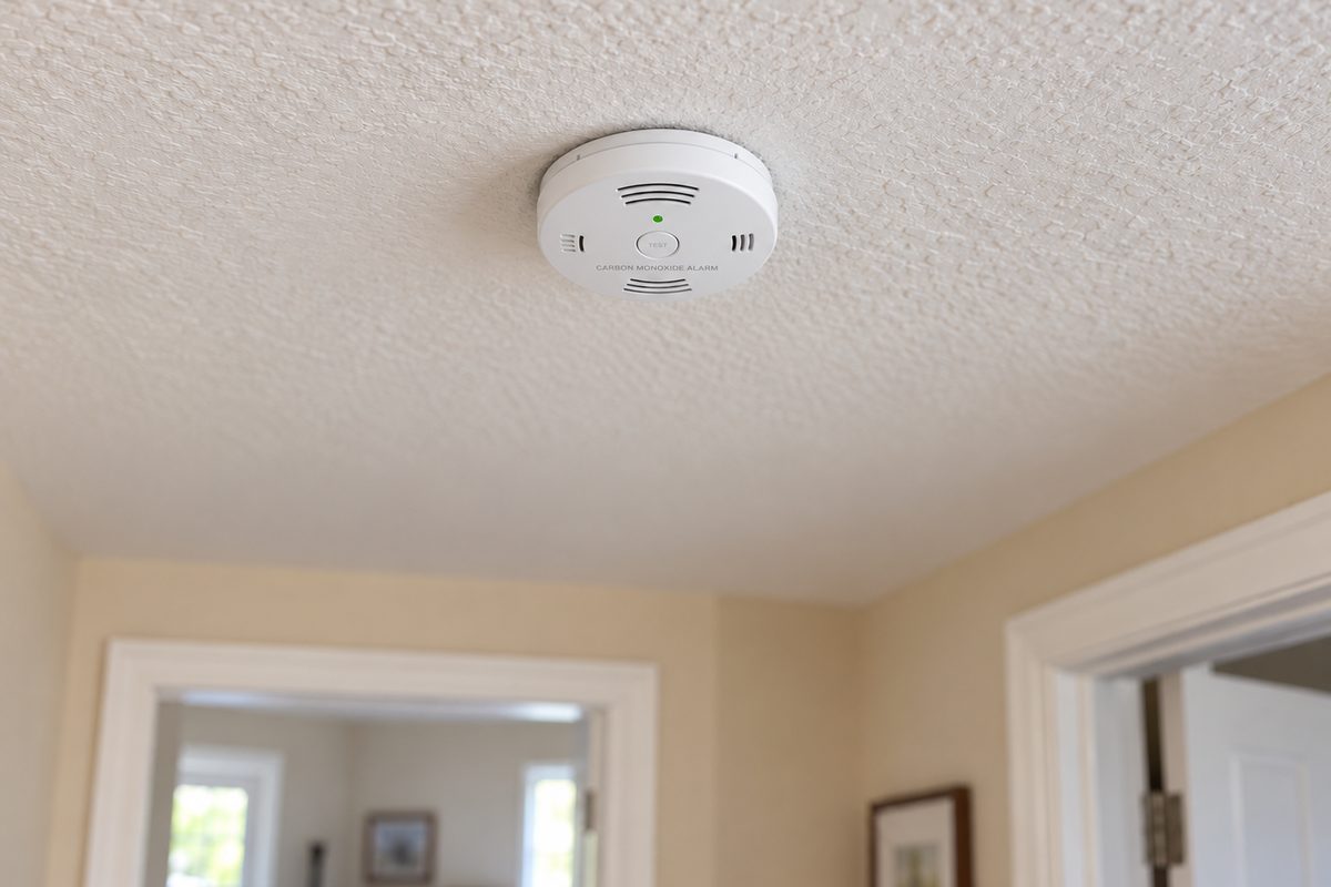 Carbon monoxide detector mounted on a hallway ceiling outside a bedroom