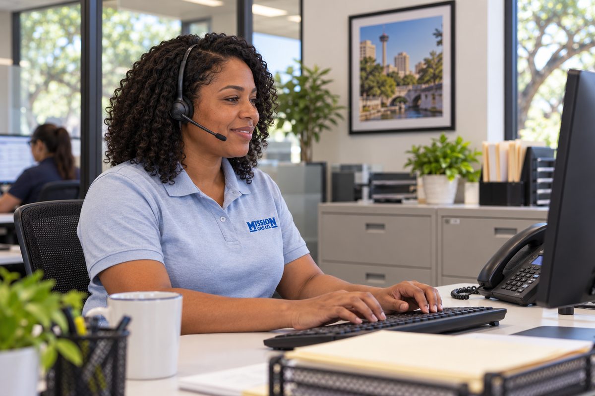 Mission Gas customer service representative wearing a headset at her office desk