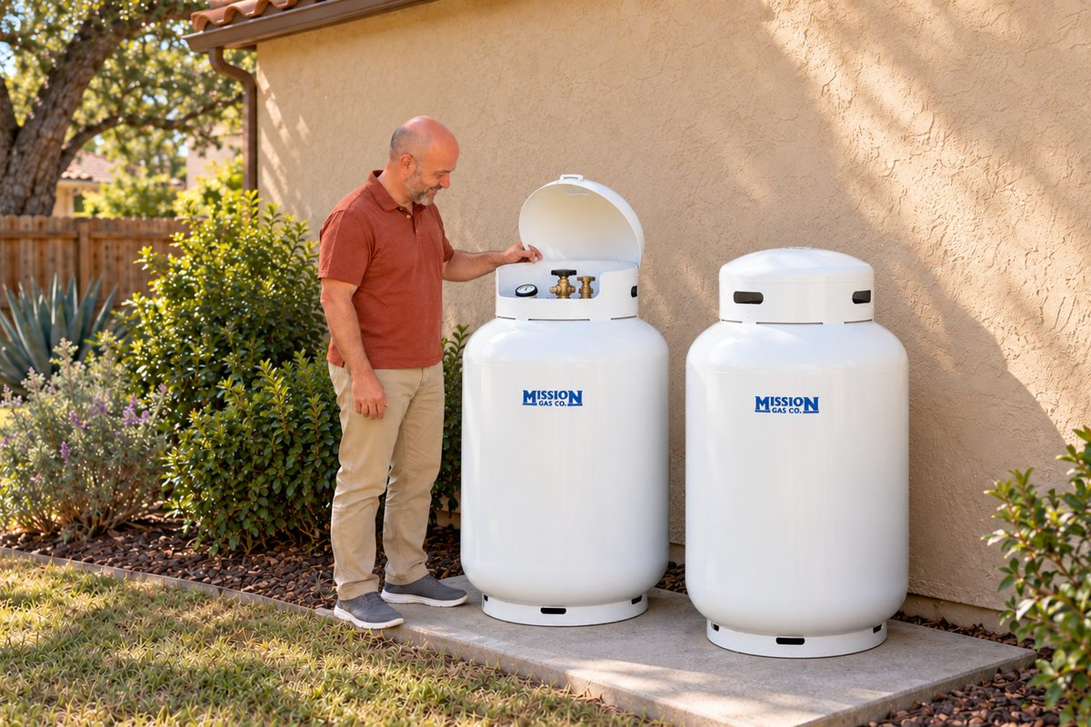 Homeowner checking the gauge on a propane tank beside his house