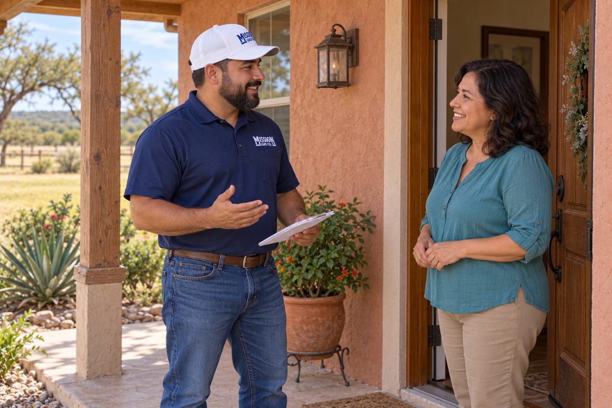 Mission Gas representative with a clipboard talking with a homeowner at the front door of her ranch home