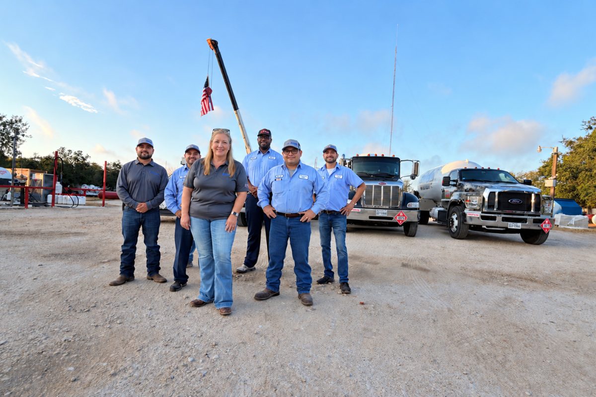 Mission Gas team members standing together in the yard in front of company trucks and an American flag
