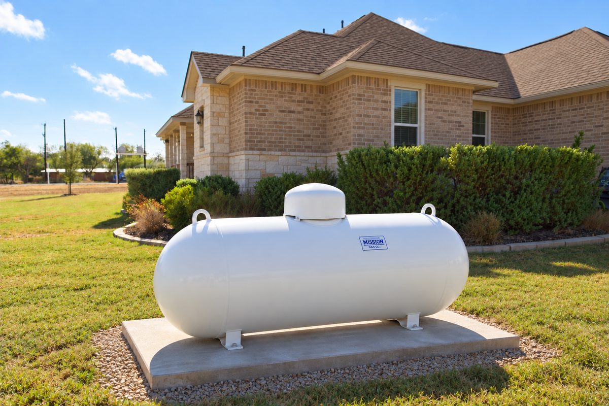 New above-ground propane tank on a concrete pad beside a brick home