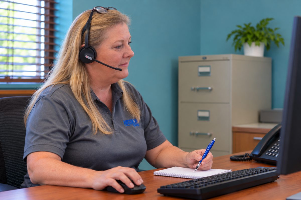 Mission Gas office staff member wearing a headset and taking notes at her desk