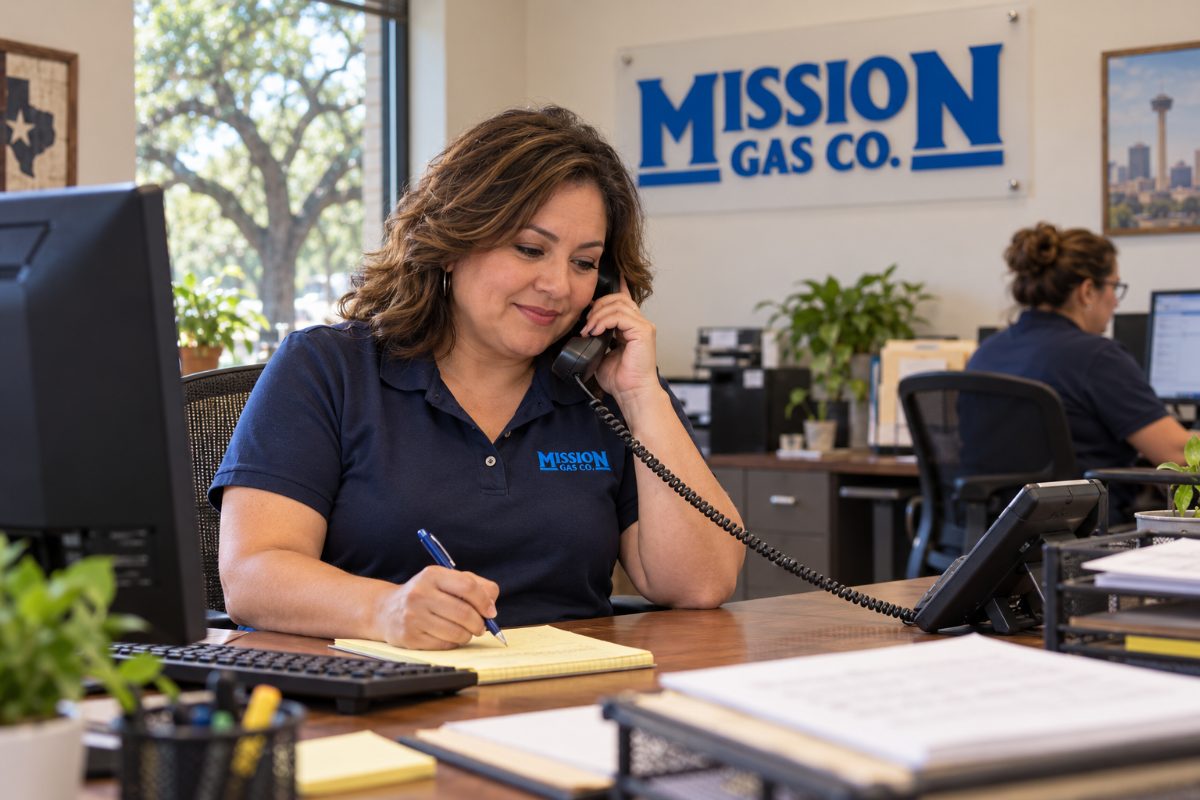 Mission Gas office staff member on the phone with a customer, taking notes at her desk