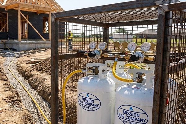 Mission Gas Company propane cylinders in a safety cage at a new home construction site