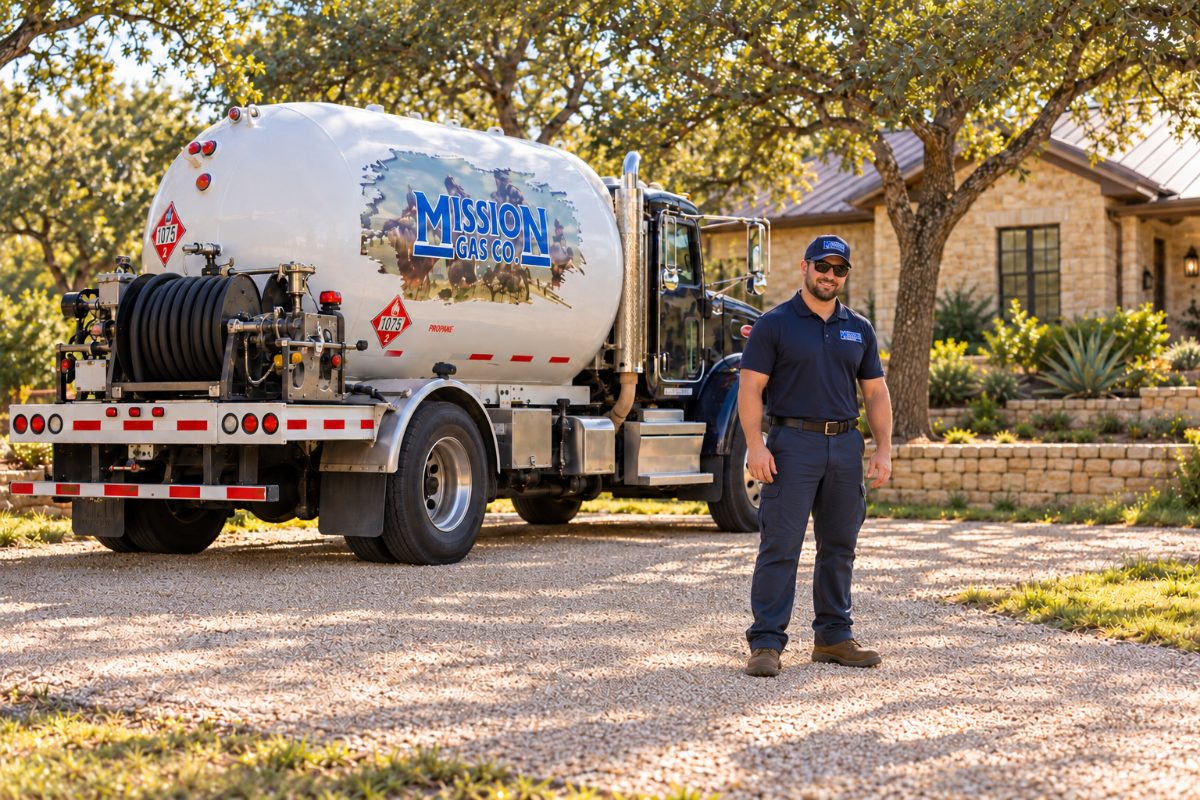 Mission Gas delivery driver standing beside a propane truck in the driveway of a stone home