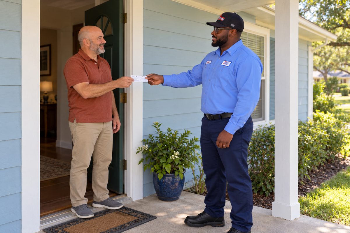 Mission Gas driver handing a delivery ticket to a homeowner on his front porch