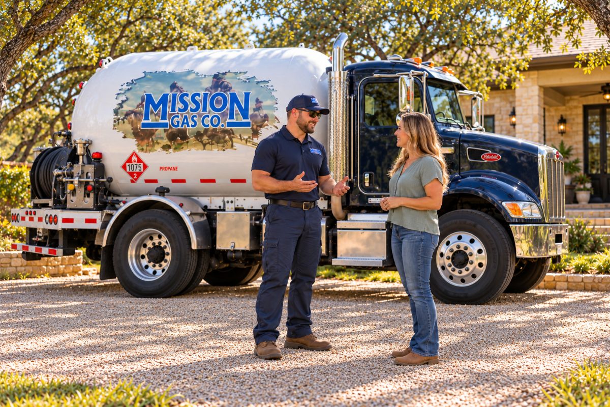 Mission Gas driver talking with a homeowner beside a propane delivery truck