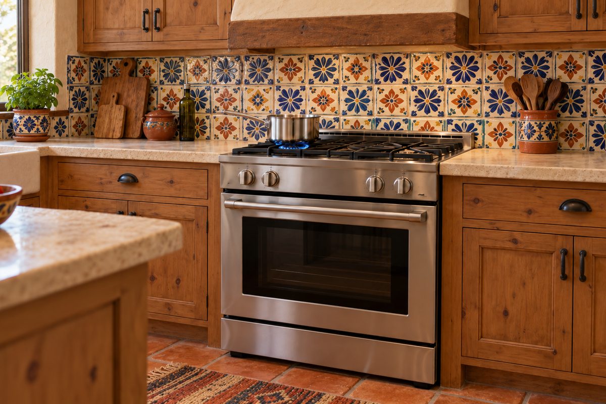 Propane gas range in a Southwestern kitchen with a Talavera tile backsplash