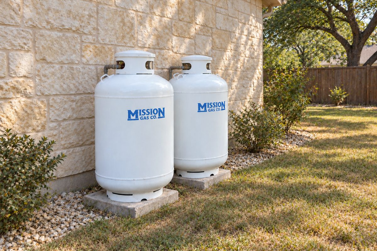 Two white Mission Gas propane cylinders beside a limestone home