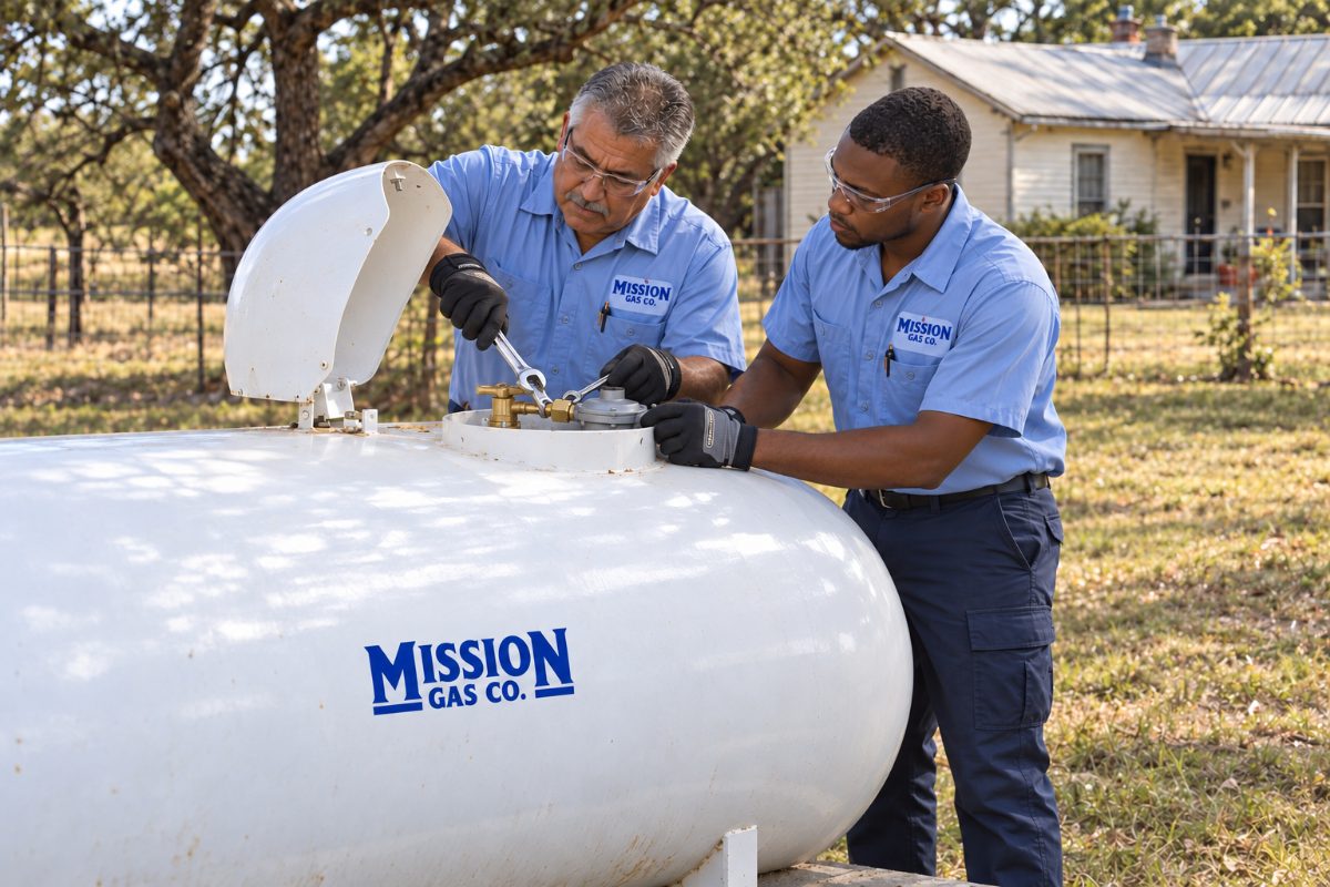 Two Mission Gas technicians in safety glasses and gloves connecting the valve on a residential propane tank