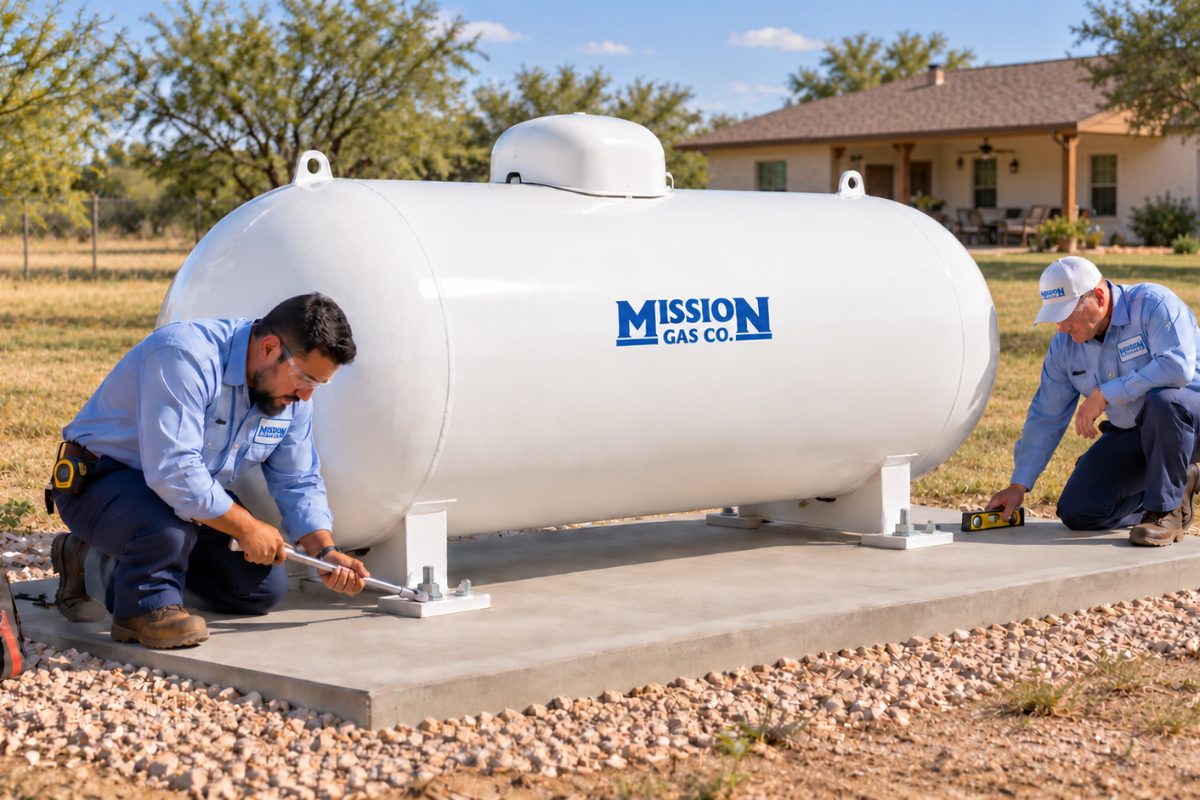 Two Mission Gas technicians installing a new propane tank on a concrete pad in front of a ranch home