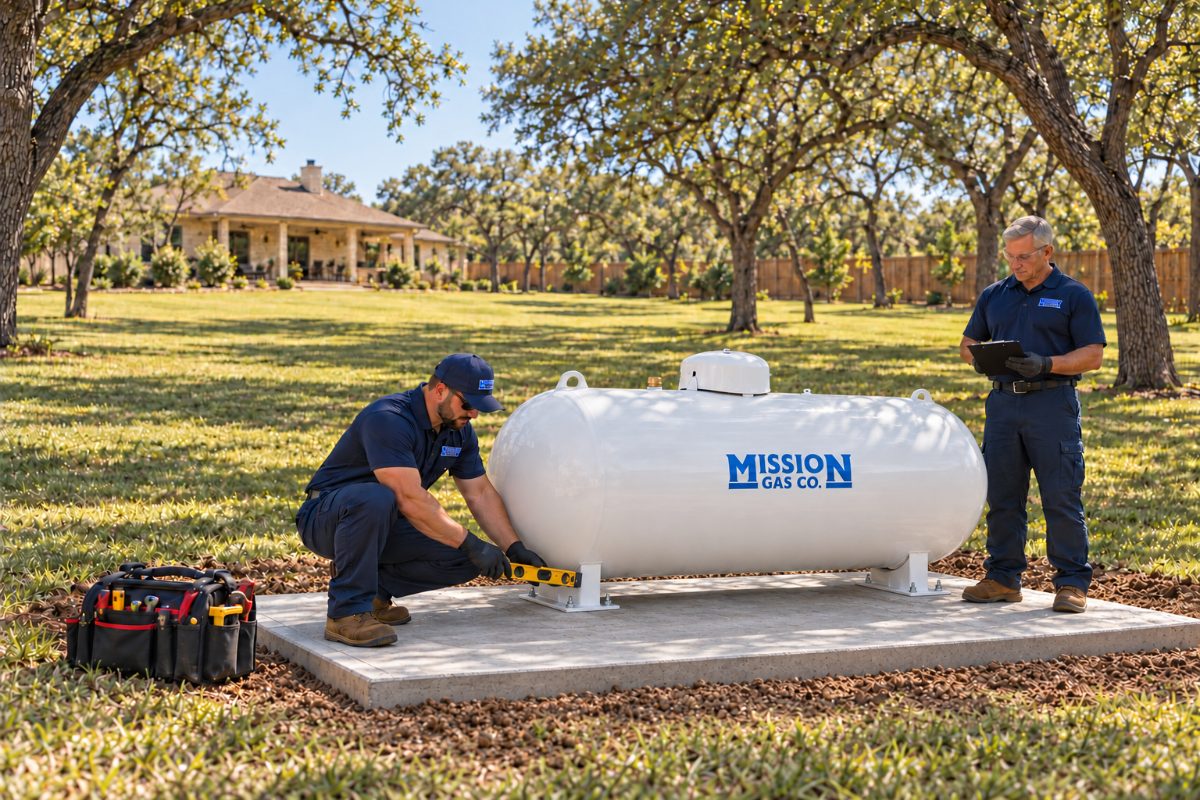 Two Mission Gas technicians leveling a new propane tank on a concrete pad in a shaded residential yard